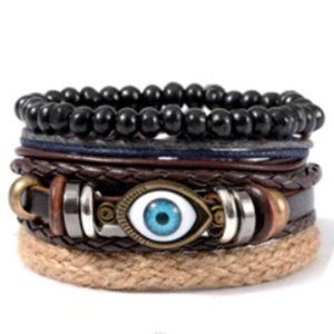 Leaf Feather Wood Leather Wristband Braided  Evil Eye Star Rope Wrap Brac…